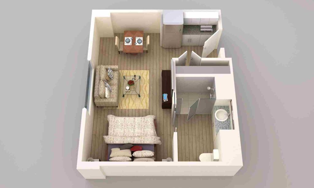3D rendering of a small apartment interior showcasing modern furniture and décor in Austin, TX