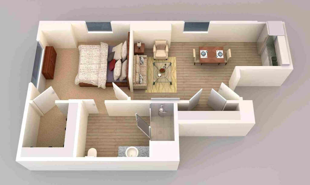 3D visualization of a compact apartment, featuring a living room in Austin, TX