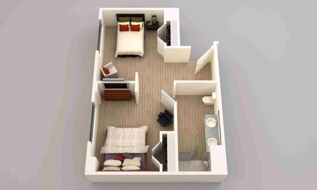 A 3D rendering of a small apartment displaying a functional living space in Austin, TX