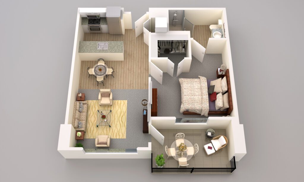 one bedroom 3D floor plan for independent living
