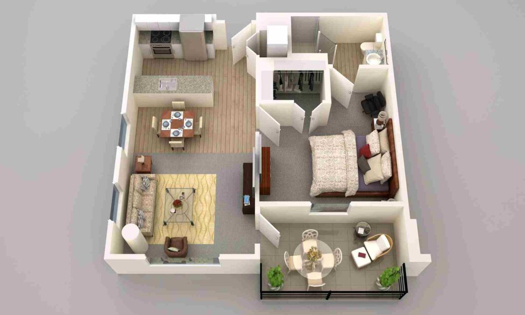 Two-bedroom apartment rendered in 3D, displaying a modern aesthetic in Austin, TX