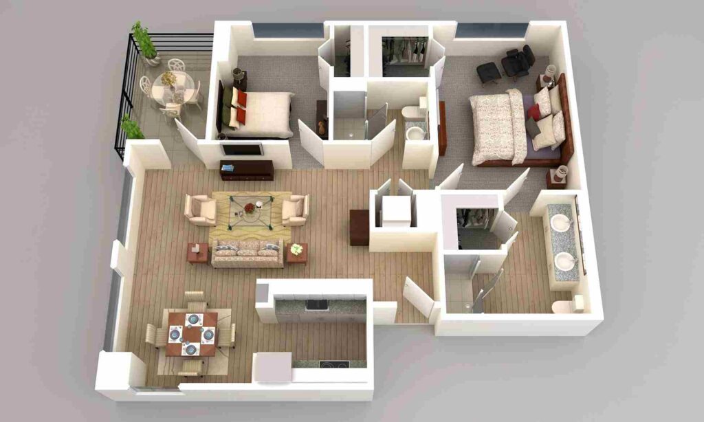 Two-bedroom apartment 3D rendering, featuring a living room and floor plans in Austin, TX