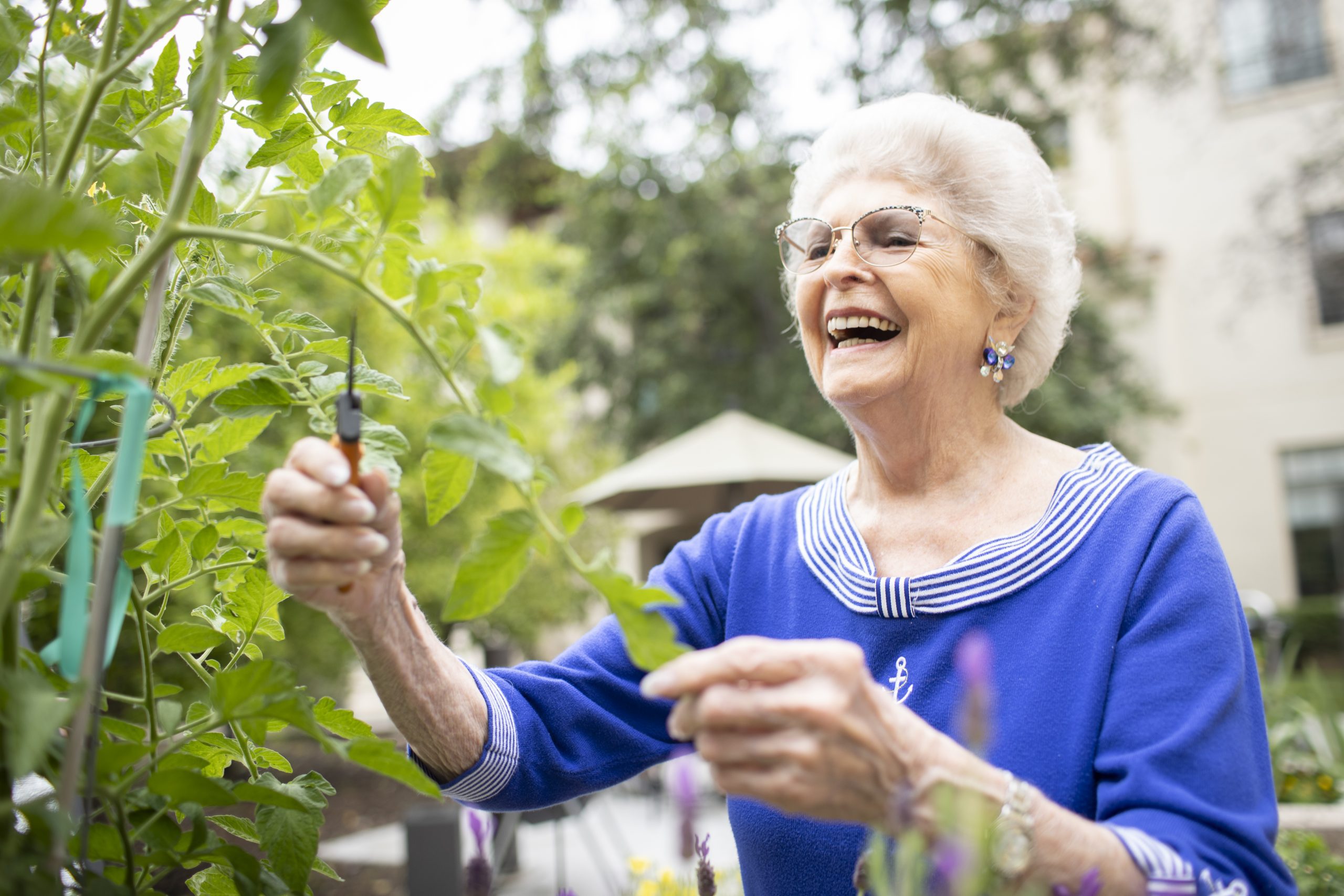 active elderly woman gardening while wearing a vibrant blue dress