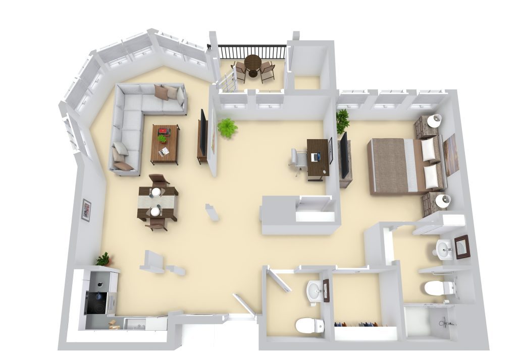 Plan J: One Bedroom + Den/Bedroom | One and a half Bathrooms  floor plan