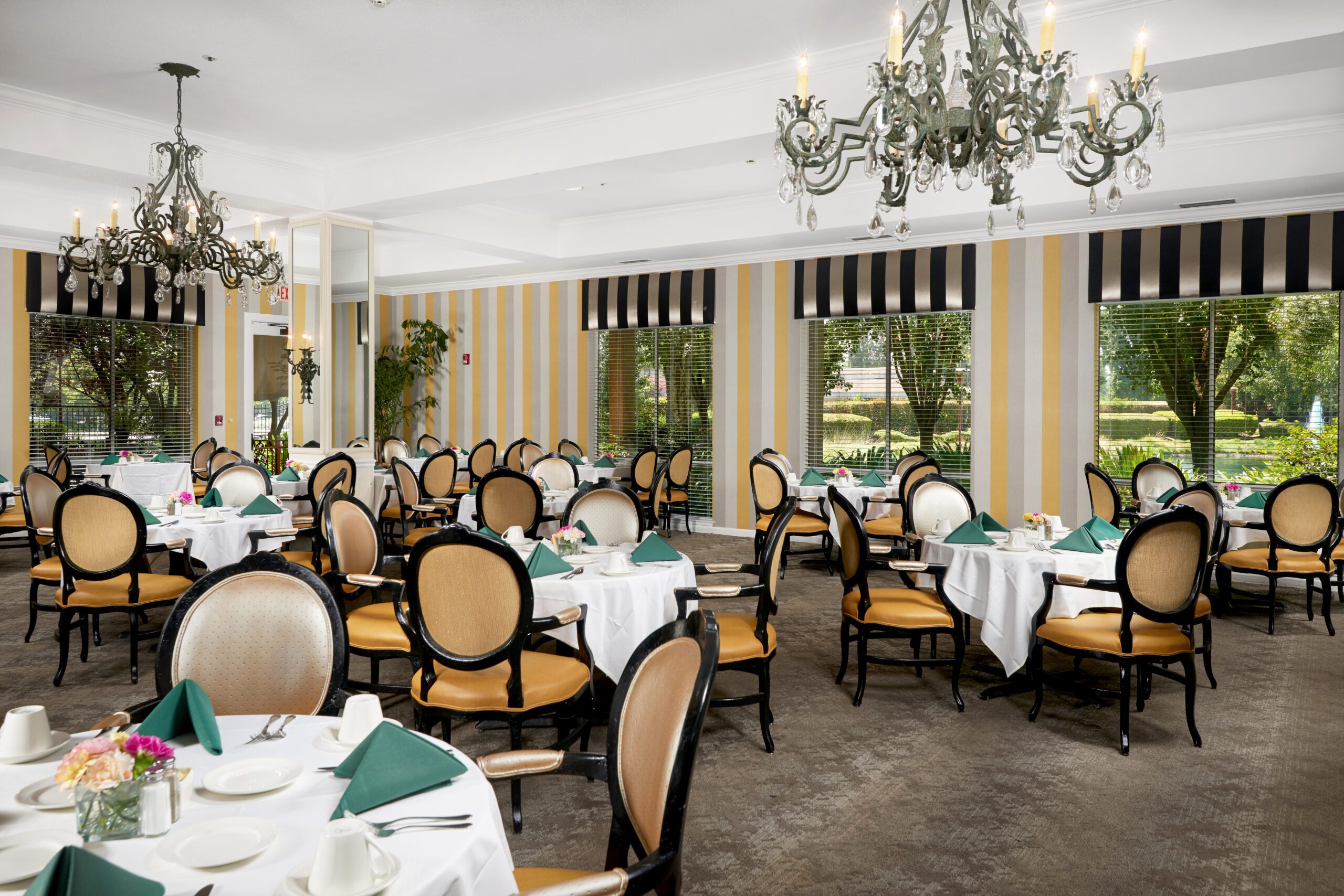 upscale luxury dining room with vertical white and black stripes