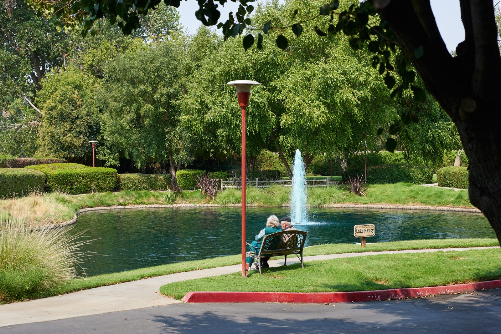 exterior courtyard with lush grass and a beautiful fountain with 2 people sitting near it