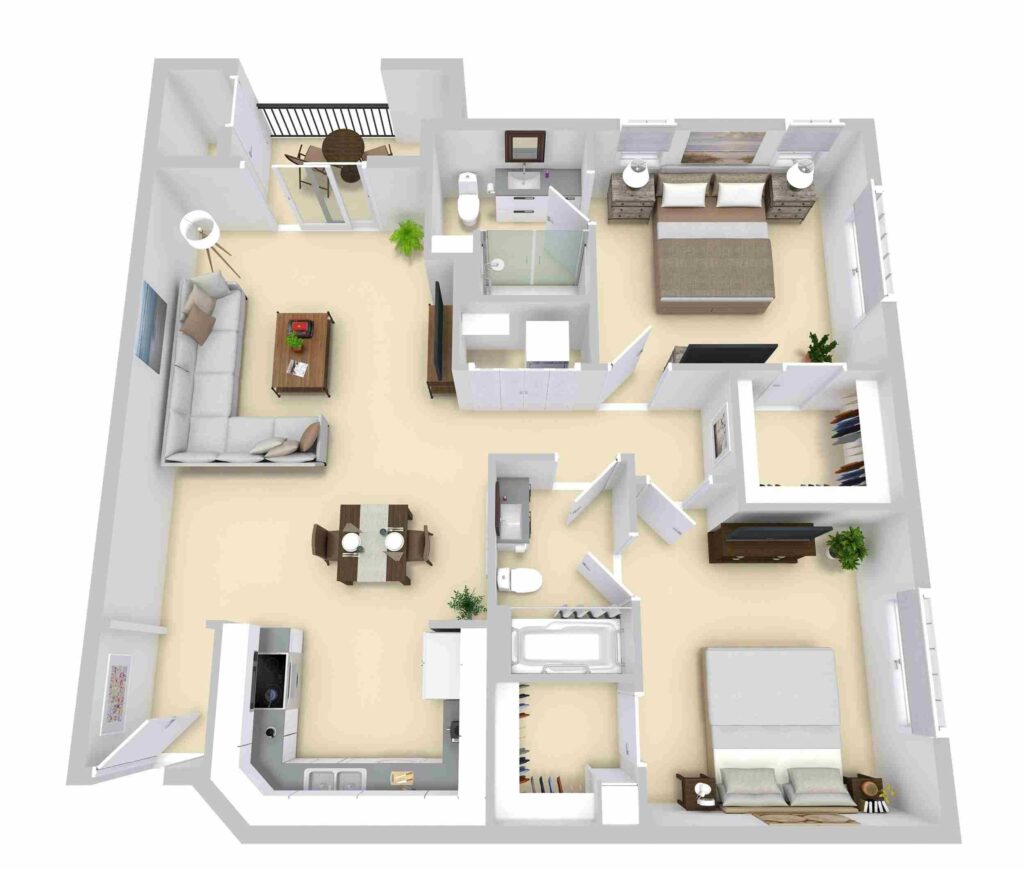 A 3D floor plan depicting a two-bedroom apartment in Phoenix, AZ