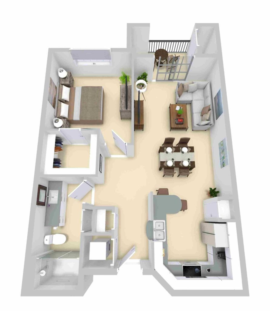 3D visualization of an apartment featuring the living room in Phoenix, AZ