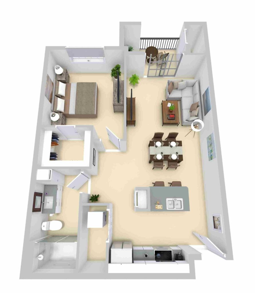 3D representation of a two-bedroom apartment floor plan in Phoenix, AZ