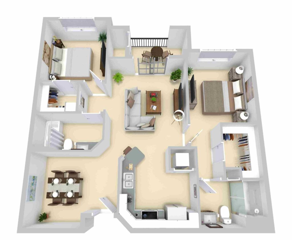 The 3D layout of a two-bedroom apartment featuring a living room design in Phoenix, TX