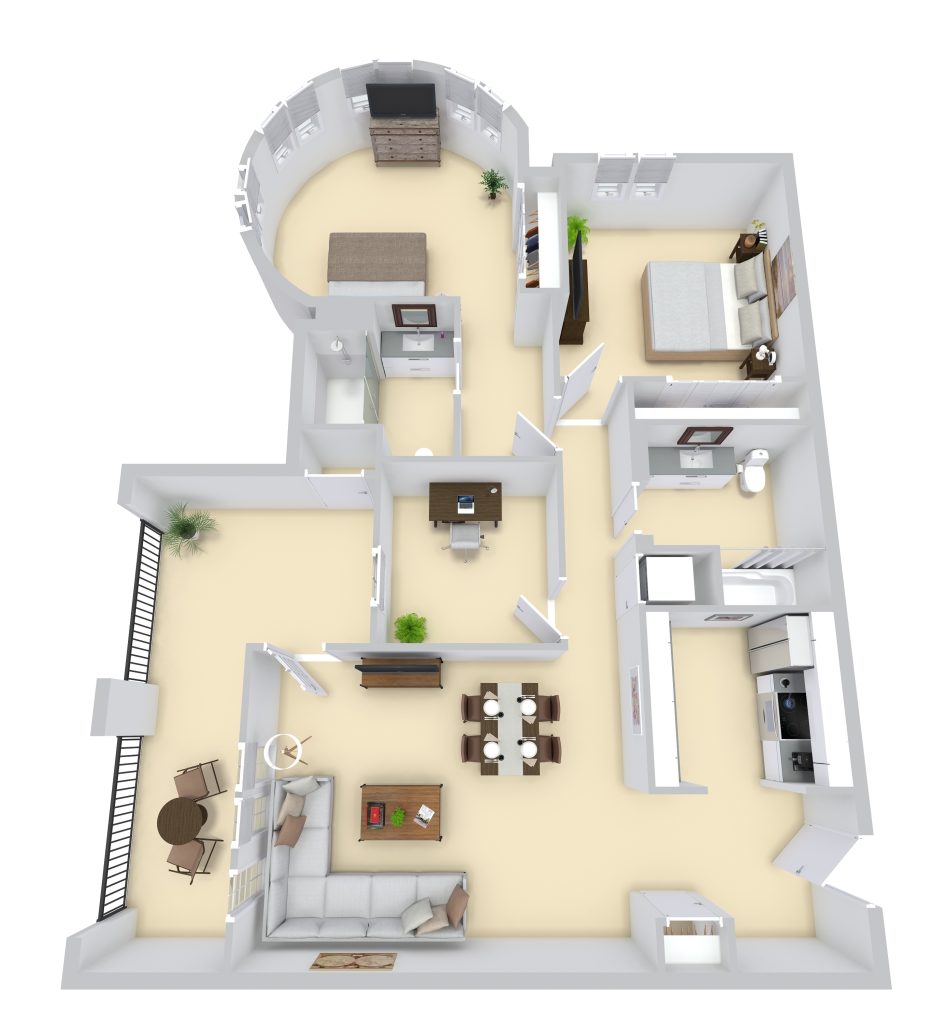 Plan E: Two Bedrooms + Den/ Two Bathrooms floor plan