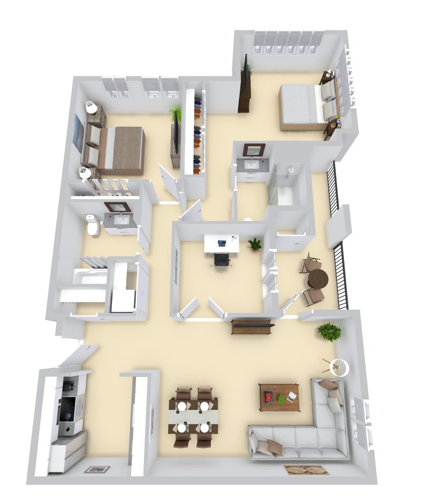 Plan F: Two Bedrooms + Den/ Two Bathrooms floor plan