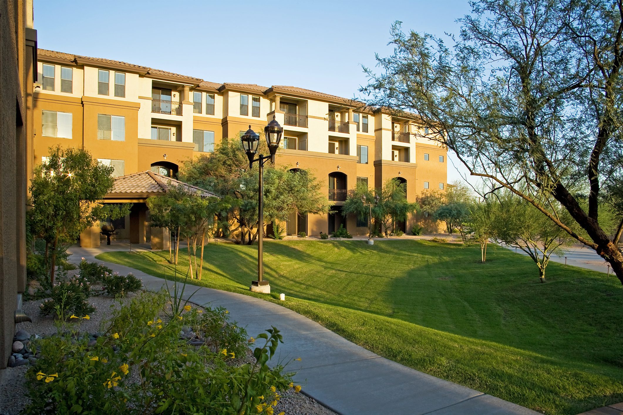 La Sienas outdoor courtyard with a lush lawn