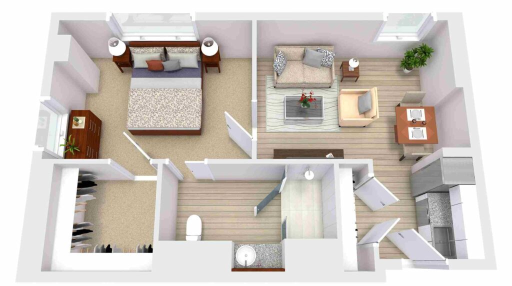 Floor plan of a living room and bedroom in Austin, TX