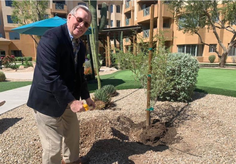 A man in a suit planting a tree in a courtyard, adding greenery and beauty to the surroundings.