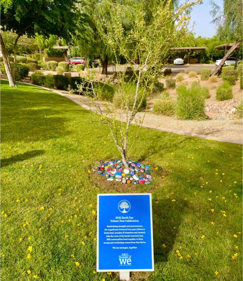 A vibrant image of Earth Day celebration with people planting trees and flowers in a garden.