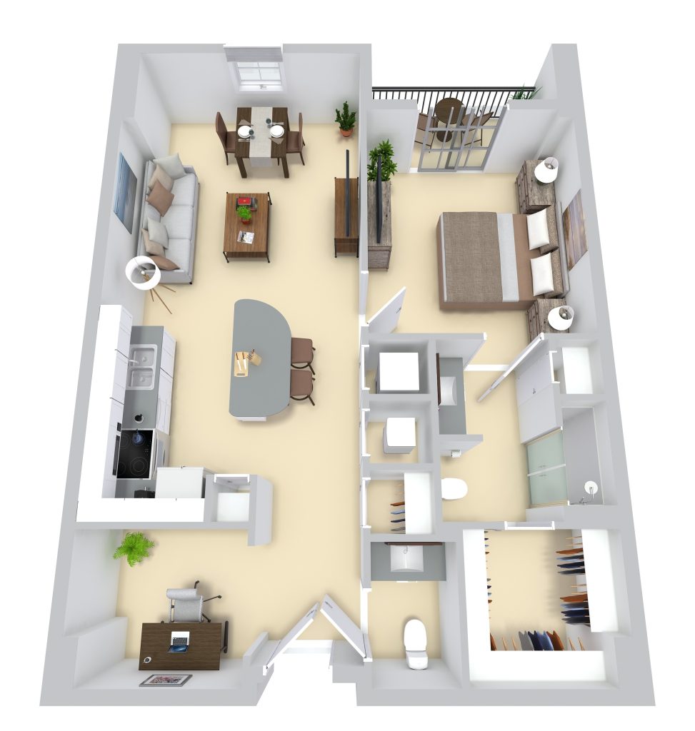 One Bedroom 1.5 bathrooms floor plan