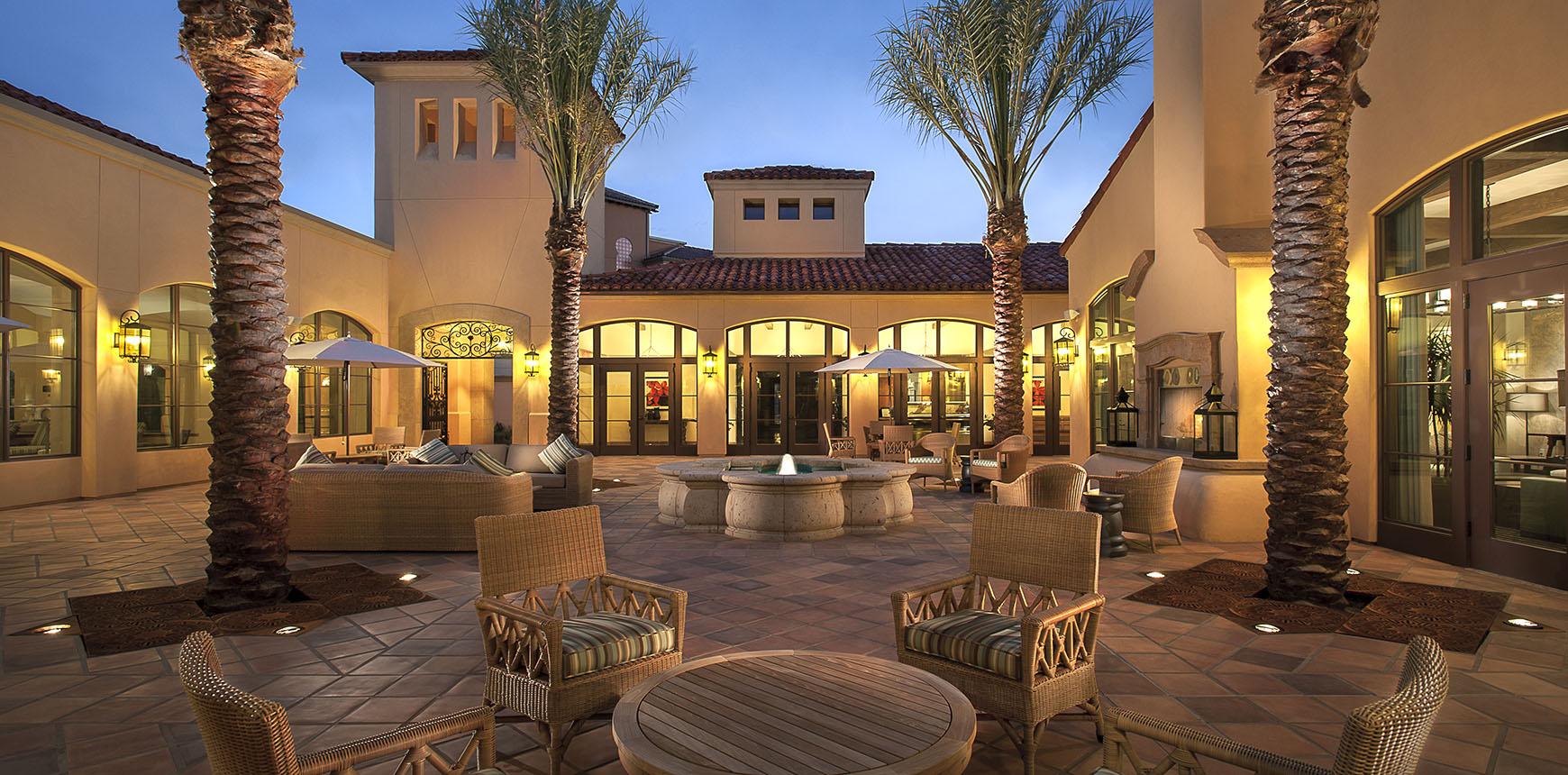 outoor courtyard at maravilla community at dusk