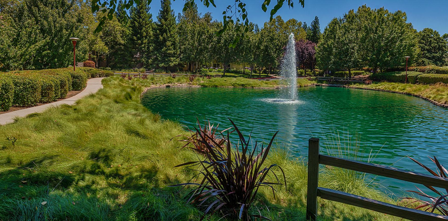 rivers edge courtyard with beautiful fountain and lush grass