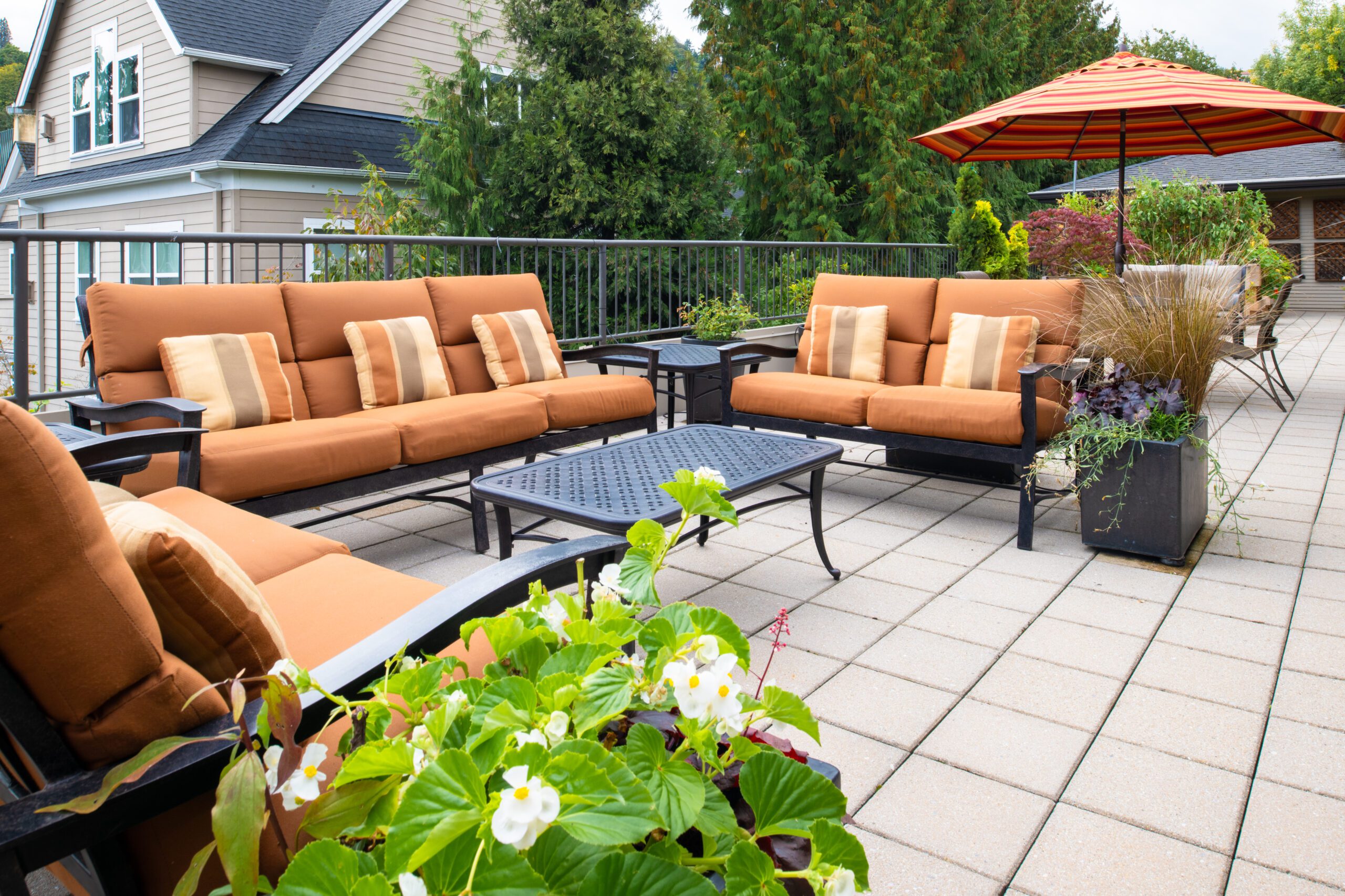outdoor patio at northwest place rooftop with umbrellas