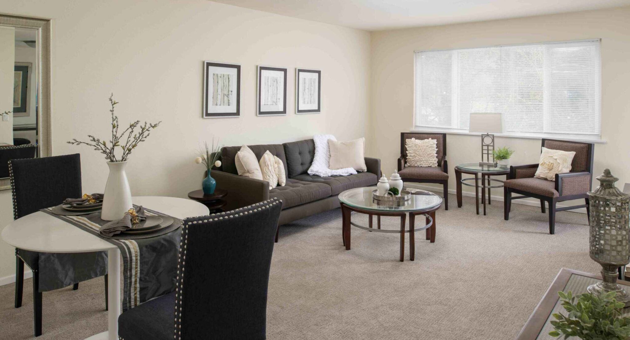 Modern senior living apartment with elegant living room furnishings in the USA